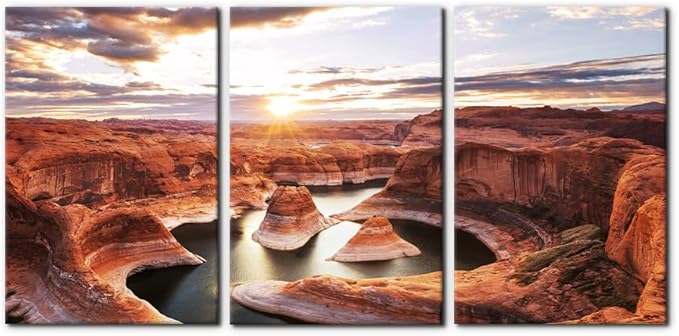 Pacimo 3 Pieces Lake Modern Wall Art Decor Arizona Landscape Pictures Prints on Canvas Wall Paintings Wall Decoration for Living Room Bedroom Office Stretch and Framed Ready to Hang - 16"x24"x3