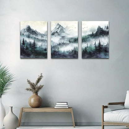 TTHYUEWS Canvas Wall Decor For Bedroom & Living Room - Modern Office Decoration - Misty & Fog Mountain Forest Wall Painting Landscape - 3 Piece, 16"X24"