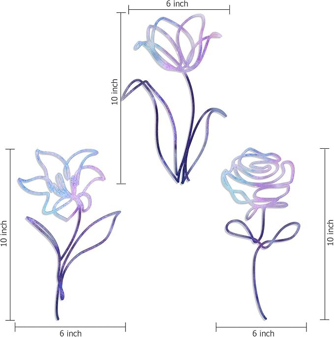 Oubasa 3 Pieces Metal Flowers Wall Arts Decor, Rustic Farmhouse Metal Wall Art Purple Minimalist Floral Decor for Bathroom Kitchen Bedroom Living Room, 6x10 Inches - Housewarming Gifts