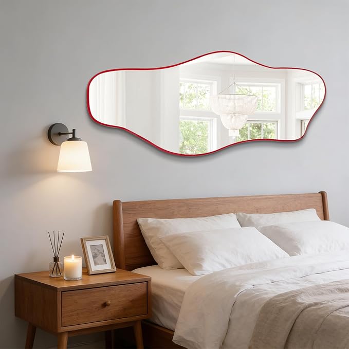 Irregular Wall Mirror, 60"x24" Red Asymmetrical Tempered Glass Mirror, Large Modern Organic Frameless Mirrors for Living Room Bedroom Hallway Entryway, Horizontal or Vertical Hanging