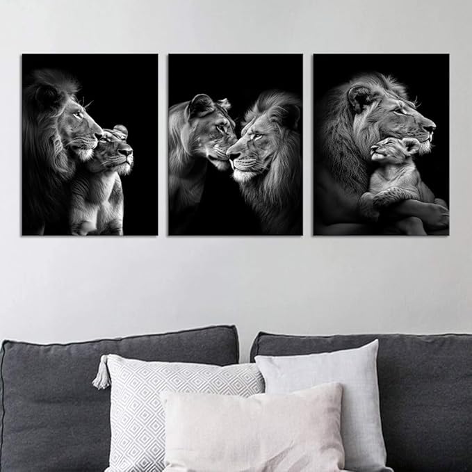 Black and White 3 Panels Lions Pictures Wall Art Wild Animals Painting Wall Decor Lion and Lioness Pictures Prints Artwork Living Room Kitchens Decor, Framed 12 W x16 Hx3pcs