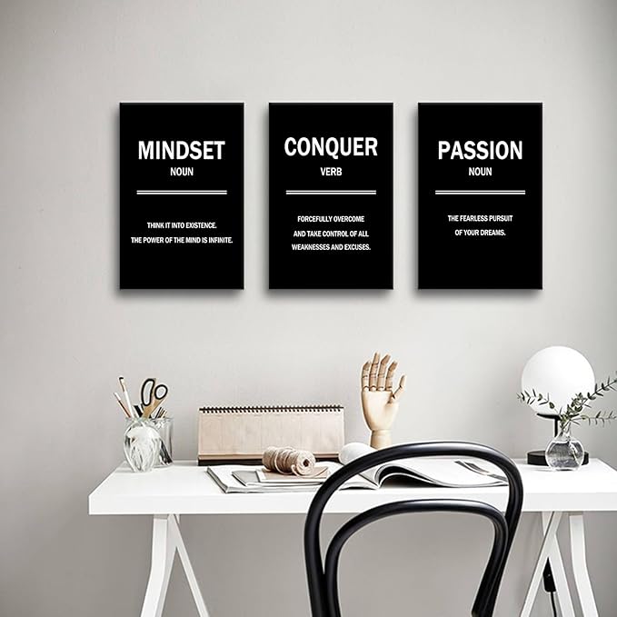3 Pieces Motivational Canvas Wall Art Mindset Conquer Passion Picture Painting Entrepreneur quotes Posters Print Artwork for Office Classroom Wall Decoration Stretched and Framed [48''W x 24''H]