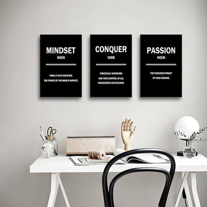 3 Pieces Motivational Canvas Wall Art Mindset Conquer Passion Picture Painting Entrepreneur quotes Posters Print Artwork for Office Classroom Wall Decoration Stretched and Framed [48''W x 24''H]