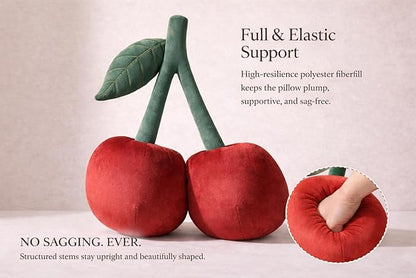 Cherry Pillow for Preppy Room Decor –17x14 In 3D Decorative Cherry Throw Pillow in Luxe Velvet –Shape Hold Fill Fruit Cushion with Sculpted Stem & Embroidered Leaf for Sofa & Aesthetic Home Decor ,Red