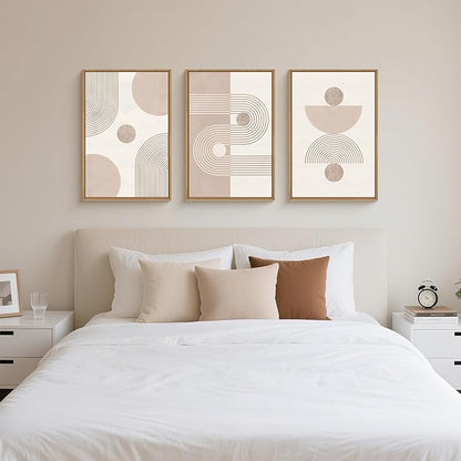HPINUB Boho Abstract Framed Canvas Wall Art Set, Beige Mid Century Wall Decor, Neutral Geometric Minimalist Line Artwork for Living Room, Bedroom, Dining Room, Office, Bathroom - 16"x24"x3