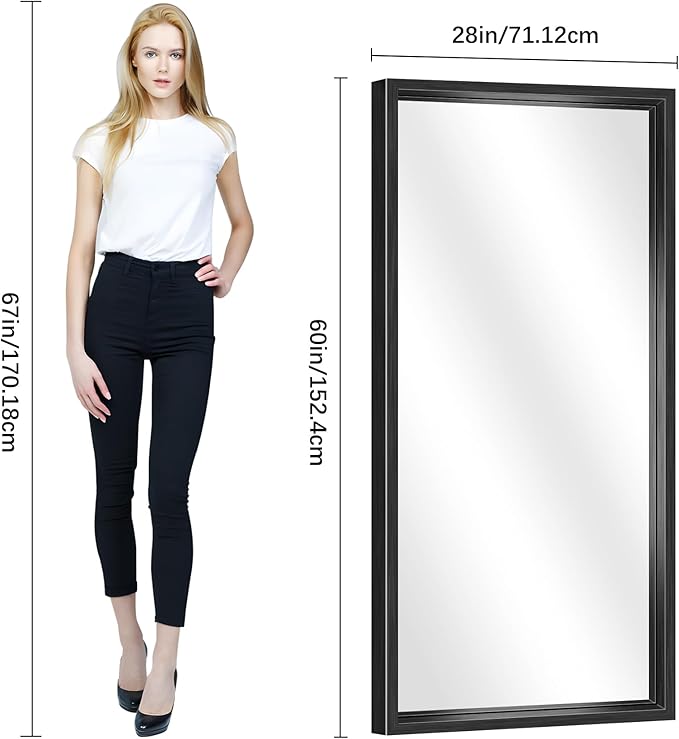 Large Bathroom Mirror, 60 x 28 Inch Rectangular Wall Mirror 0.6" Thickened Deep Frame, Brushed Black Mirrors for Bathroom Sink, Shatterproof Tempered Glass, Antirust, Horizontally or Vertically