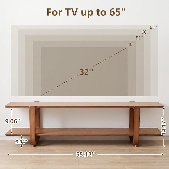 55" Bamboo TV Stand for 65 inch TV, Media Console Table with 2-Tier Shelves, Mid-Century Entertainment Center for Living Room, Bedroom, Walnut