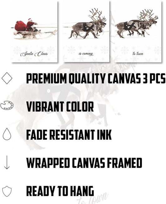 Christmas Wall Art Framed Prints 12x16 Santa Claus Reindeer Sleigh Decoration Aesthetic Ready to Hang Decor Large Xmas Posters Canvas Room Decor Artwork Living Room Set Of 3