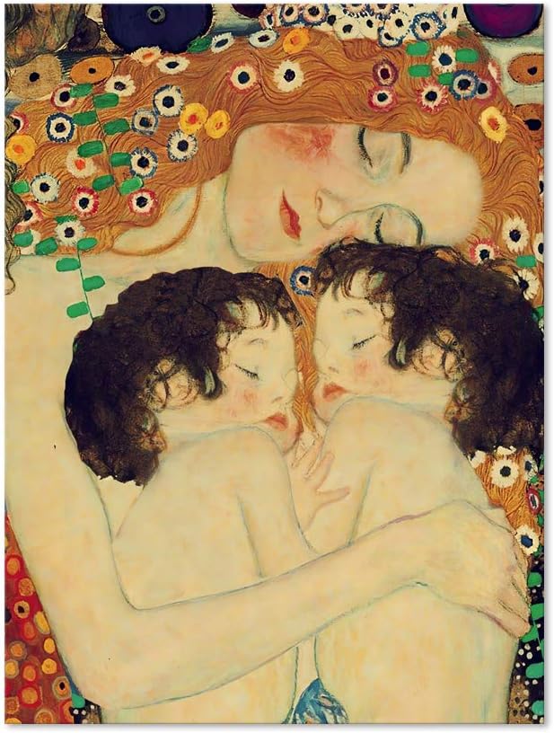 Mother Love Twin Baby Canvas Paintings Wall Art Decor for Living Room Gustav Klimt Nordic Style Posters Printing Pop Art Pictures Stretched and Framed Ready to Hang Home Decoration(24''W x 36''H)