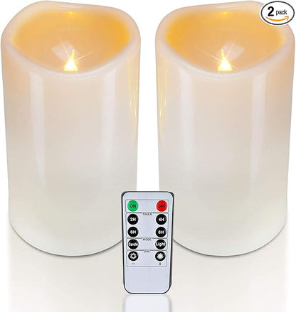 Homemory 4" x 6" Large Waterproof Outdoor Flameless Candles, Battery Operated Flickering LED Pillar Candles with Remote and Timers for Indoor Outdoor Lanterns, Long Lasting, Dark Ivory, Set of 2