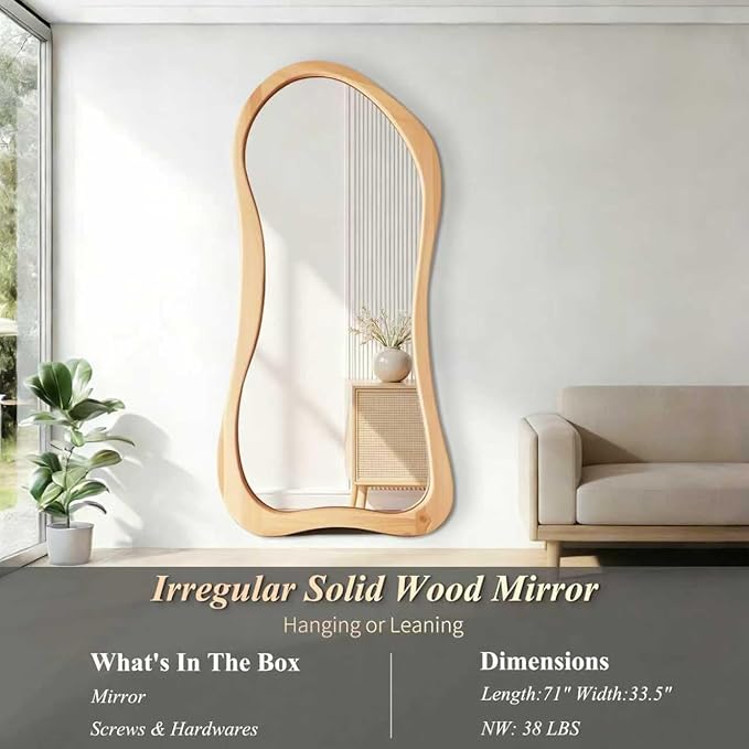 Irregular Full Length Mirror, 71"x33.5" Asymmetrical Full Body Mirrors with Solid Wood Frame, Premium Oversized Organic Floor Mirror for Living Room Entryway Cloakroom, Leaning/Hanging