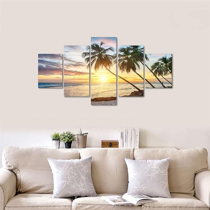Modern Beach Painting Beautiful Large Sunset Landscape Ocean Pictures Framed Stretched for Living Room Home Decor Posters and Prints Seascape Wall Art Painting on Canvas 5 Piece(60''W x 32''H)