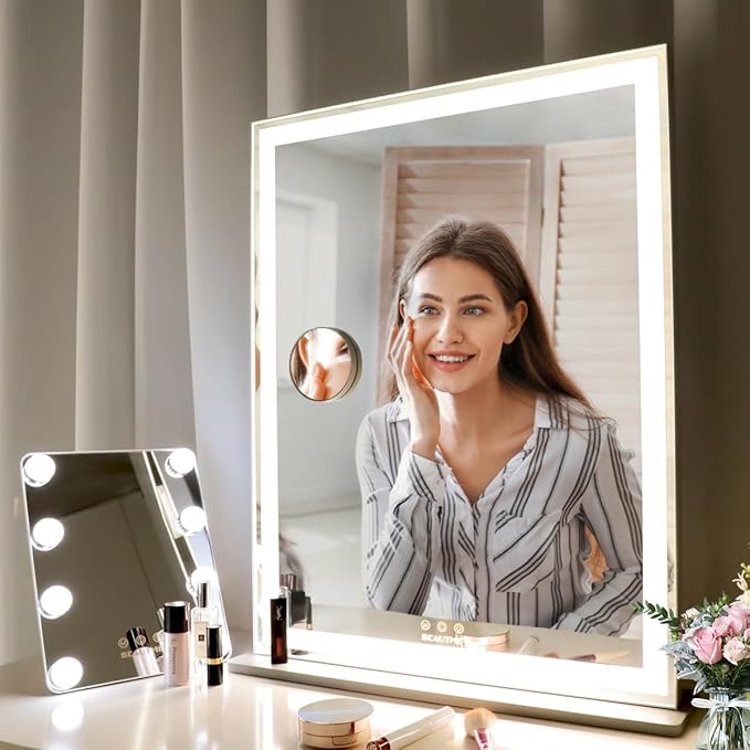 ANYHI Vanity Mirror with Lights, 22.4" x 28.1" Tabletop Vanity Mirror with Lights and Stand, 3 Color Modes, 10X Magnification, Smart Touch Control, Wall Mounted/Desk Mirror for Bedroom Makeup, Silver