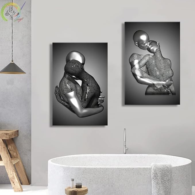 Framed Love Heart 3d Wall Art Romantic Couple Hug Abstract Art Prints Posters Decor Grey Black and White Canvas Prints Bedroom Bathroom Hotel Valentine'S Day Ready to hang 16x24InchX3