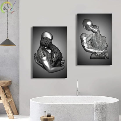 Framed Love Heart 3d Wall Art Romantic Couple Hug Abstract Art Prints Posters Decor Grey Black and White Canvas Prints Bedroom Bathroom Hotel Valentine'S Day Ready to hang 16x24InchX3