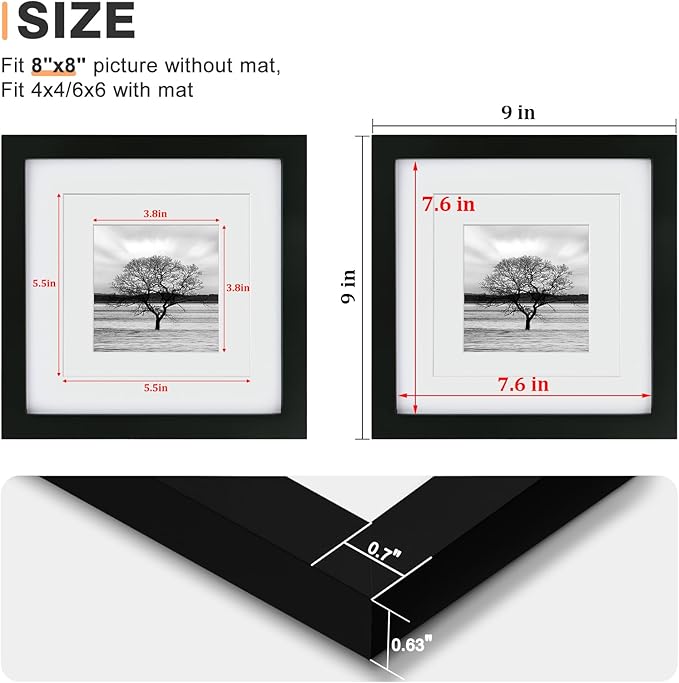 Egofine 8x8 Picture Frames 4 PCS - Made of Solid Wood Covered by Plexiglass Display 4x4/6x6 with Mat or 8x8 without Mat, for Table Top Display and Wall Mounting Photo Frame Black