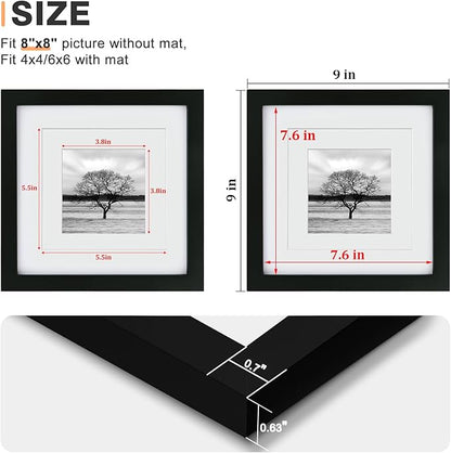 Egofine 8x8 Picture Frames 4 PCS - Made of Solid Wood Covered by Plexiglass Display 4x4/6x6 with Mat or 8x8 without Mat, for Table Top Display and Wall Mounting Photo Frame Black