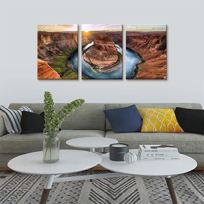 Pacimo 3 Piece Canvas Wall Art - Sunset Moment at Horseshoe Bend Colorado River Grand Canyon National Park Arizona Landscape Modern Home Art Decor Stretched and Framed Ready to Hang - 12"x16"x3 Panel