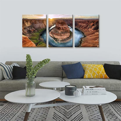 Pacimo 3 Piece Canvas Wall Art - Sunset Moment at Horseshoe Bend Colorado River Grand Canyon National Park Arizona Landscape Modern Home Art Decor Stretched and Framed Ready to Hang - 12"x16"x3 Panel