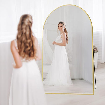 Large Mirror Full Length 76"X44", Oversized Arched Floor Mirror with Stand, Gold Standing Mirror Full Length, Hanging or Wall Mounted for Bedroom Living Room Clothing Store, Tempered Glass