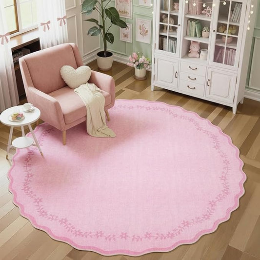 GarveeHome Round Area Rugs 8ft for Living Room, Large Solid Pink Valentines Washable Circle Rug Soft Non Slip Floral Print Floor Mat Carpet Indoor Thin Rug for Bedroom Dining Room Playroom Nursery