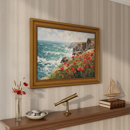Vintage Gold Framed Coastal Wildflowers Canvas Wall Art, Cliff Landscape Poster Print Artwork, Nature Ocean Wave Painting Picture Wall Decor, for Living Room, Bedroom, Home Decoration, 9x11in