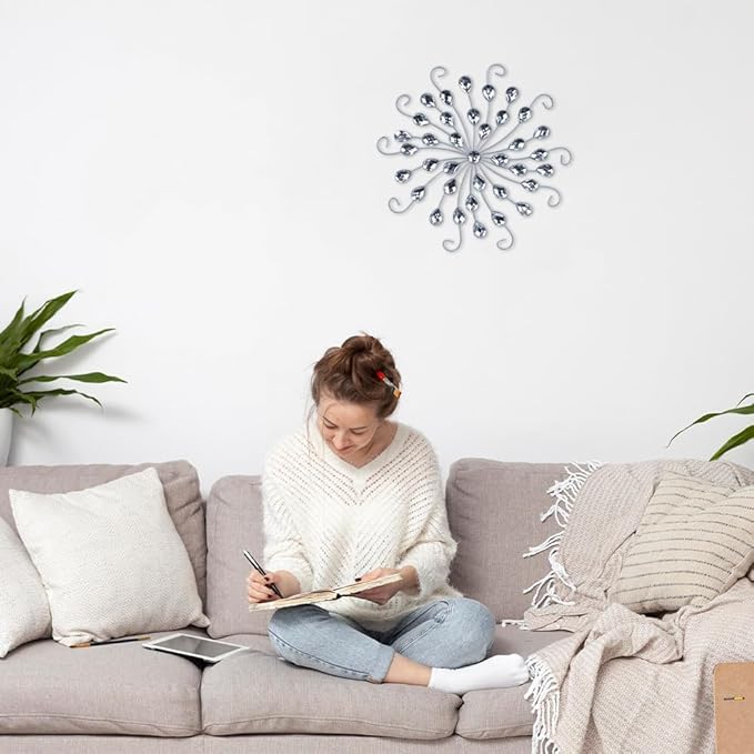 hogardeck Metal Flower Wall Decor, 11" Silver Metal Jeweled Wall Art Bling Crystal Home Décor, Sun Star Burst Rhinestone Wall Hanging Diamond Accents for for Indoor, Outdoor, Living Room, Bedroom