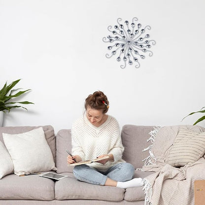 hogardeck Metal Flower Wall Decor, 11" Silver Metal Jeweled Wall Art Bling Crystal Home Décor, Sun Star Burst Rhinestone Wall Hanging Diamond Accents for for Indoor, Outdoor, Living Room, Bedroom