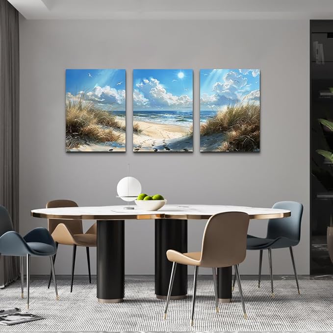 TTHYUEWS Wall Art For Living Room Canvas Wall Decor For Bedroom Bathroom Decorations Blue Ocean Beach Wall Painting Sea Wave Wall Pictures Artwork for office Modern Home Decor Ready To Hang 3 Piece