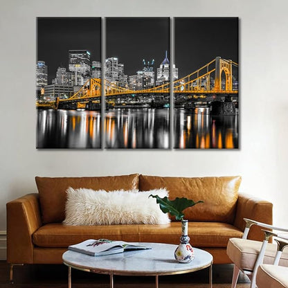 TUMOVO 3 Piece Pittsburgh Nighttime Lightscape Canvas Wall Art American Skyscrapers Cityscape Wall Decor Living Room Nighttime Lightscape Wall Decor for Bedroom Framed Ready to Hang (36" Wx24 H)