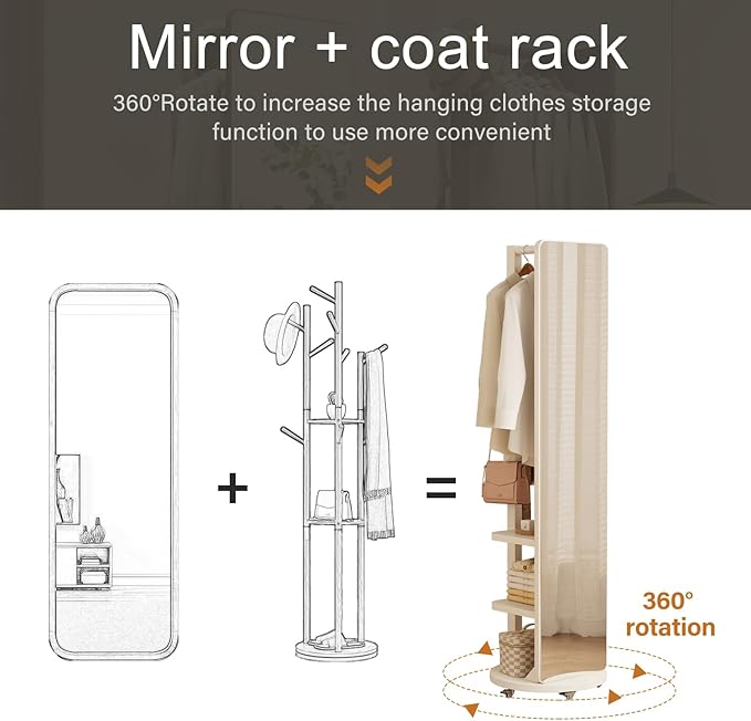WoodsWhisper Full Length Mirror Coat Rack Solid Wood Floor Mirror 66"x12" Full Length Mirror with Stand Long Mirrors for Bedroom,Living Room (White-Mobile, 66" Lx12 W)
