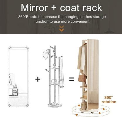 WoodsWhisper Full Length Mirror Coat Rack Solid Wood Floor Mirror 66"x12" Full Length Mirror with Stand Long Mirrors for Bedroom,Living Room (White-Mobile, 66" Lx12 W)