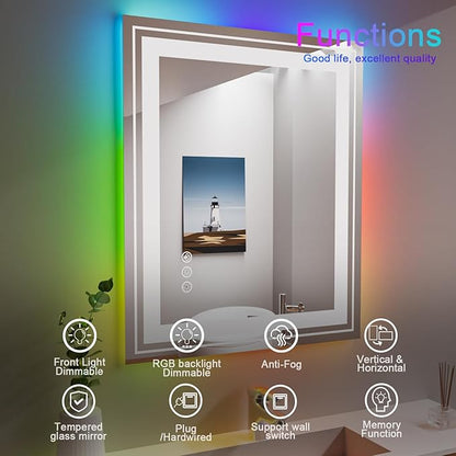 Snowdool LED Mirror for Bathroom, 30"X36" with 8 RGB Backlit +3 Front Lit (Adjustable Individually), Anti-Fog, Lighted Bathroom Vanity Mirror for Wall, Shatterproof, Memory Function, Tempered Glass