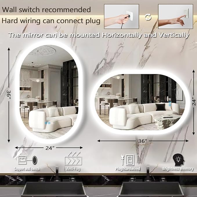 THEKLA 24 x 36 inch Oval Lighted Mirror for Bathroom Salon Wall Horizontal Vertical Mount Oval Backlit Vanity Mirror with Lights Smart Memory 3 Color Dimmable AntiFog 36 Back Light up LED Ovals Mirror