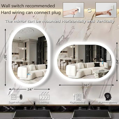 THEKLA 24 x 36 inch Oval Lighted Mirror for Bathroom Salon Wall Horizontal Vertical Mount Oval Backlit Vanity Mirror with Lights Smart Memory 3 Color Dimmable AntiFog 36 Back Light up LED Ovals Mirror