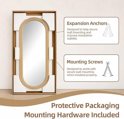 20" x 52" Oval Full Length Wall Mounted Mirror, Handwoven Natural Bamboo Frame (Warm Tone), Boho Coastal Mirror for Entryway, Bedroom, Dressing Room, Vertical & Horizontal Hanging