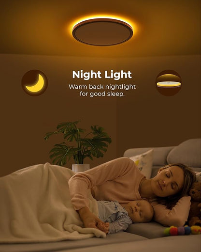 Matane 12inch LED Flush Mount Ceiling Light with Night Light, 2400LM 3000K 4000K 5000K Dimmable Light Fixture, Low Profile Ceiling Light for Bedroom, Living Room, Kitchen, Hallway, Walnut