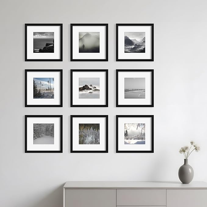 YESKAY 12x12 Picture Frame Set of 9, Photo Gallery Wall Frame Set, Display Pictures 8x8 with Mat or 12 x 12 Without Mat, Square Frame Picture Frames Collage Wall Decor, Black
