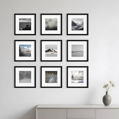 YESKAY 12x12 Picture Frame Set of 9, Photo Gallery Wall Frame Set, Display Pictures 8x8 with Mat or 12 x 12 Without Mat, Square Frame Picture Frames Collage Wall Decor, Black