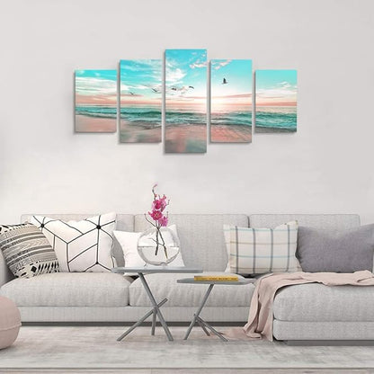 EPHANY Ocean Beach Sunset - Blue Sea Landscape Canvas Wall Art, 5 Pieces, Living Room Wall Picture (D-5pcs,60"x30")