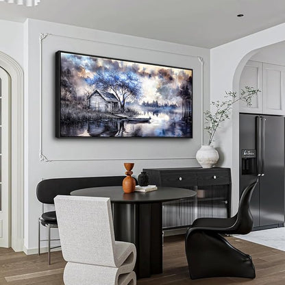 ERQINHUA Large Wall Art For Living Room Canvas Home Wall Decor For Office Bedroom Dining Room Wall Pictures Blue Tree Lakeside Landscape Painting Modern Art Print Beach Posters 24"x48" Black Frame