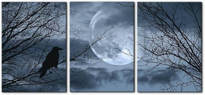 Pacimo 3 Pieces Canvas Art Wall Decor Full Moon Halloween Pictures Black and White Wall Art Painting Prints on Canvas Modern Artwork Stretched and Framed Ready to Hang - 20"x28"x3 Panel
