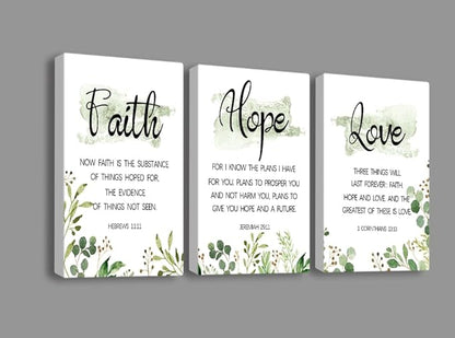 Faith, Hope & Love Bible Verse Inspirational Wall Art, Christian Canvas, A Great Religious Decor Gift for Living Room & Bedroom, (38 x 58cm x 3pcs) Framed (Green)