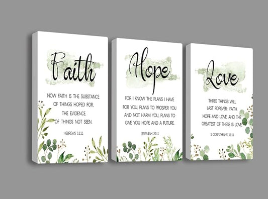 Faith, Hope & Love Bible Verse Inspirational Wall Art, Christian Canvas, A Great Religious Decor Gift for Living Room & Bedroom, (38 x 58cm x 3pcs) Framed (Green)