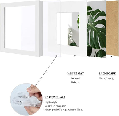 Egofine 5x5 Picture Frames Set of 4, Made of Solid Wood Covered by Plexiglass Display 4x4 with Mat or 5x5 without Mat, for Table Top Display and Wall Mounting Photo Frame, White