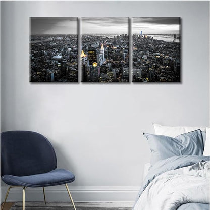 TUMOVO Manhattan, New York USA Downtown City Skyline Modern Artwork Wall Decor 3 Panel Skyscrapers Cityscape Pictures Bathroom Decor Wall Art Framed Ready to Hang (36" Wx16 H)