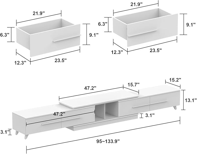 Modern TV Console Extendable Media Console, Adjustable Length, Contemporary Entertainment Center with Drawers and Legs, for Living Room White and Black (95”-133.9”W x 15.2”D x 13.1”H)