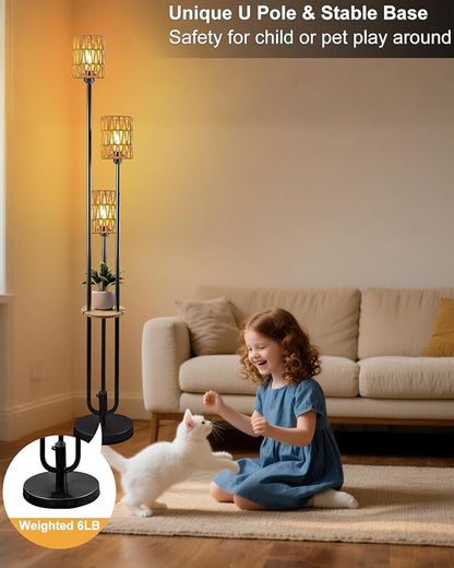 63IN Dimmable Floor Lamp with Shelf, Black Rattan Tall Standing Lamps Candle Holder Style, 3000K Warmwhite Mid Century Modern Floor Lamp with 5Lbs Heavy Base for Living Room (Bulbs Included)
