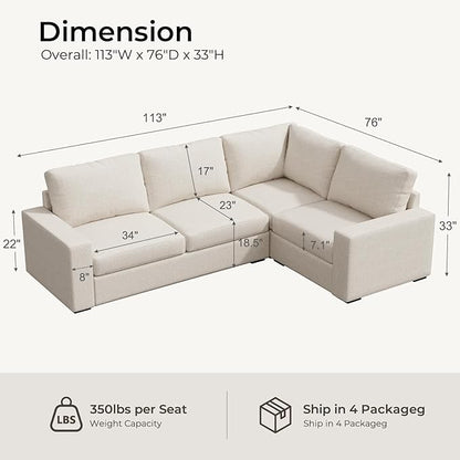 ELUCHANG 113" V-Shaped Modular Sectional Sofa Couch, Modern 4-Seat Comfy Linen Deep Seat Sofa with Corner, Removable Cover, Easy Assembly, Large Sofas & Couches for Living Room, Office, Beige