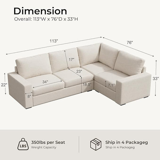 ELUCHANG 113" V-Shaped Modular Sectional Sofa Couch, Modern 4-Seat Comfy Linen Deep Seat Sofa with Corner, Removable Cover, Easy Assembly, Large Sofas & Couches for Living Room, Office, Beige